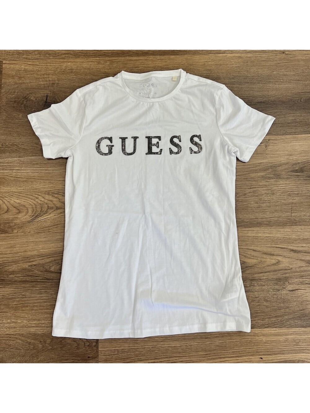 GUESS Los Angeles Rhinestone Logo Short Sleeve T-Shirt - White - Size M